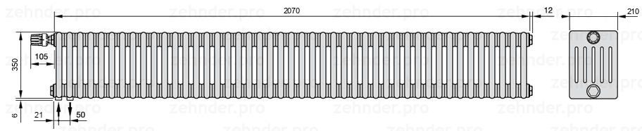 Схема (чертеж) Радиатор Zehnder Charleston 6035/45 №V001 Белый глянцевый RAL 9016